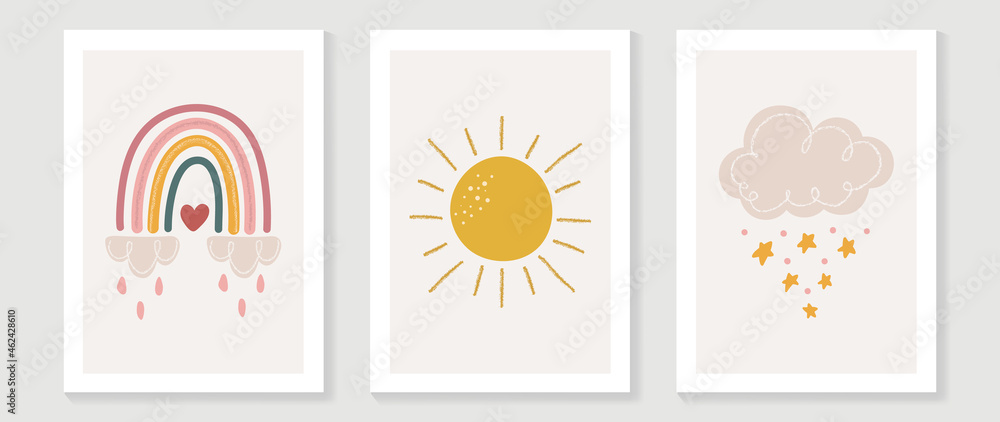 Kids wall art vector collection. Cute hand drawn design with cloud
