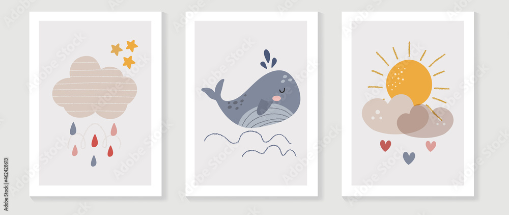 Fototapeta premium Kids wall art vector collection. Cute hand drawn design with cloud , whale, hearth, rain and sun. Wallpaper background design for kids room decoration, Nursery wall art, Baby and toy cards and cover.