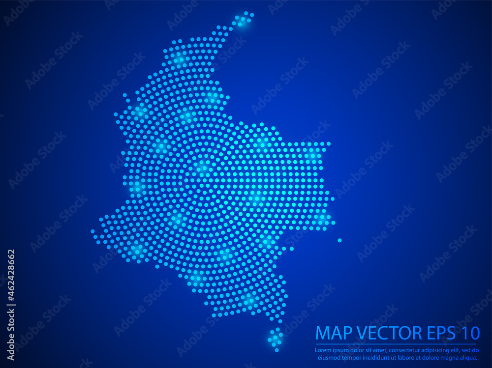 Abstract image Colombia map from point blue and glowing stars on Blue background.Vector illustration eps 10.