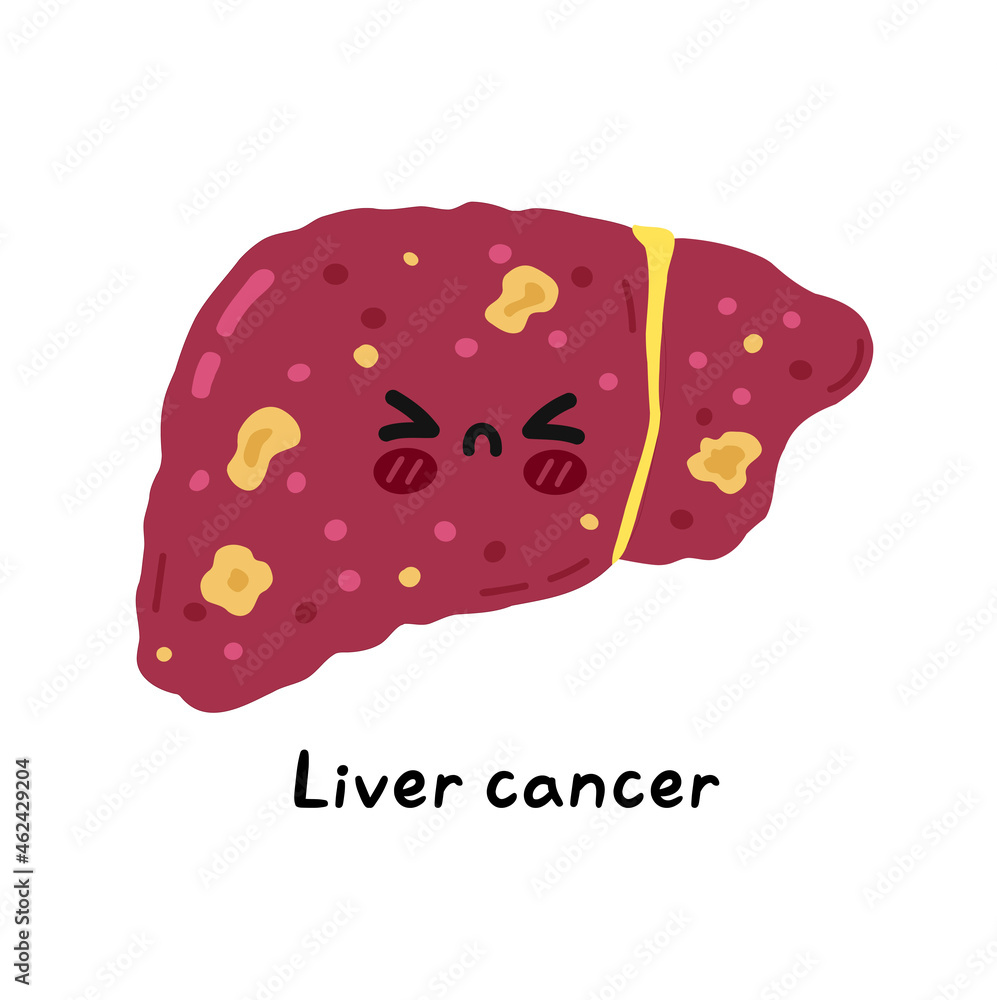 Cute sad sick funny liver organ cancer character. Vector hand drawn cartoon kawaii character illustration icon. Isolated on white background. Human Liver cancer, sick cartoon character concept Cute sad sick funny liver organ cancer character. Vector hand drawn cartoon kawaii character illustration icon. Isolated on white background. Human Liver cancer, sick cartoon character concept