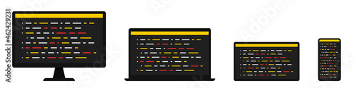 Programming. Coding. Development and software. Web. SEO. Writing code on the screen of a computer, laptop, tablet and smartphone. Flat style. Vector illustration