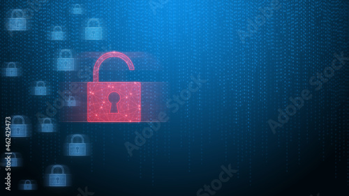 Security System hacked alert with red broken padlock icon showing unsecured data under cyber attack, compromised password, virus infection, internet network with binary code.