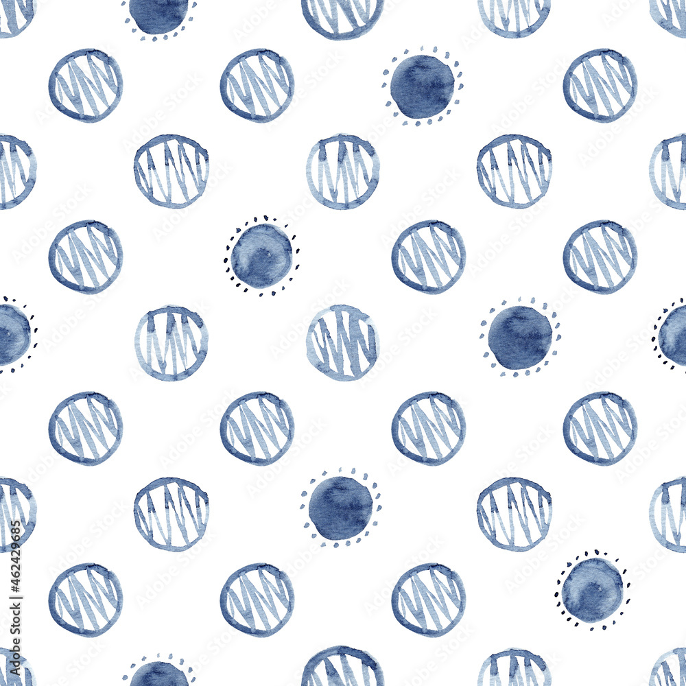 Hand painted watercolor seamless pattern. Abstract blue indigo background clipart.
