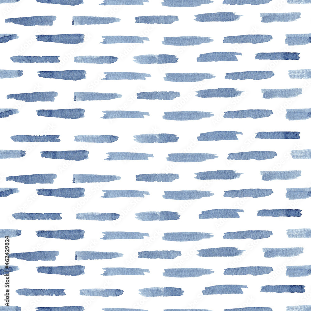 Watercolor seamless pattern lines abstract background. Blue indigo illustration.