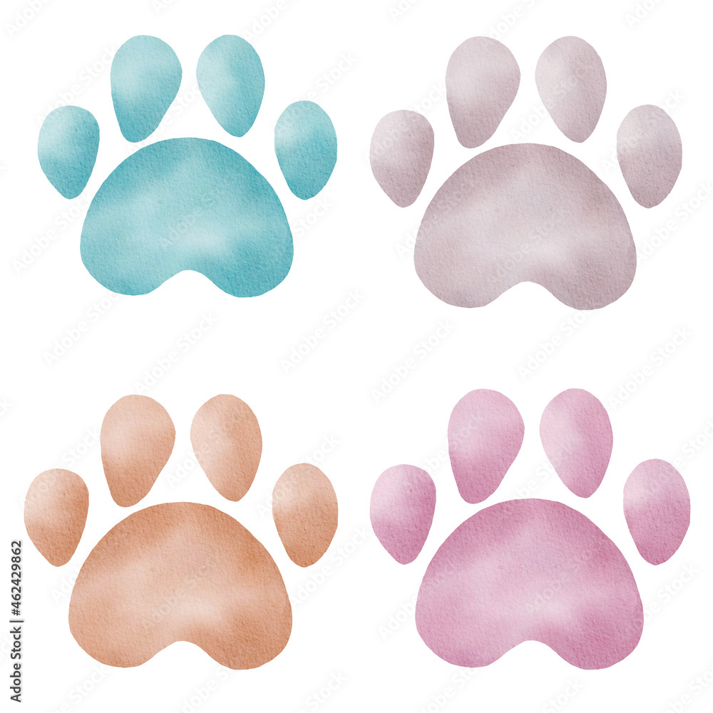 Animal paw prints watercolor clipart. Hand painted illustration isolated on white for kids graphics, DIY projects.