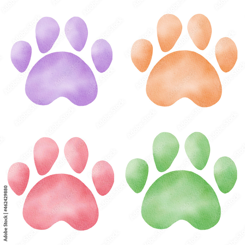 Watercolor paw prints. Hand drawn clipart. Dog or cat footprints for DIY projects, scrapbooking, nursery decor.