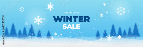 Winter Christmas sale blue banner with snowflake palm tree and clouds on blue background. Vector illustration