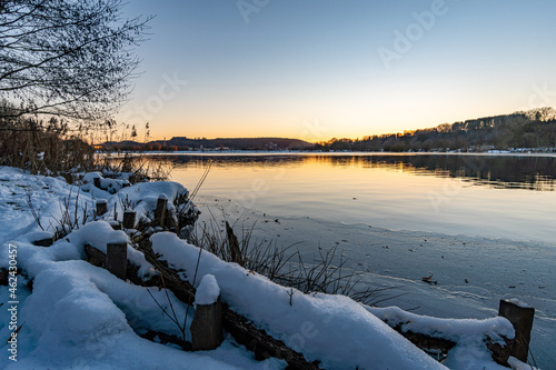 Snow-covered Princely Hohenzollern Park Krauchenwies and Ablacher See