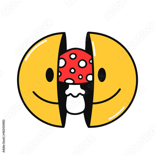 Two half of smile face with amanita mushroom inside. Vector hand drawn doodle 90s style cartoon character illustration. Isolated on white background. Trippy smile face, amanita mushroom concept