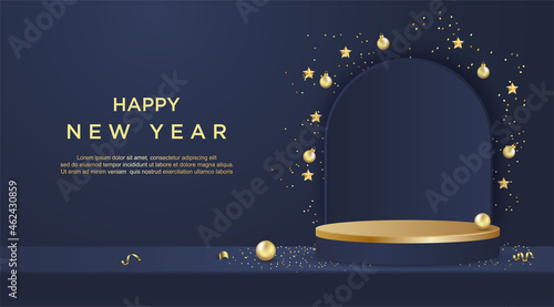 Happy new year with product display cylindrical shape on blue background