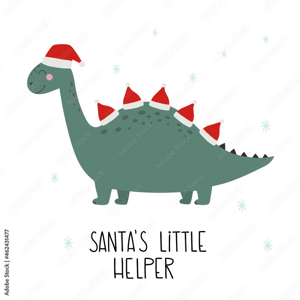Fototapeta premium Christmas dinosaur. Hand lettering Santa's little helper. Vector illustration of funny character in cartoon flat style. Vector hand-drawn color children's illustration. Baby print. 