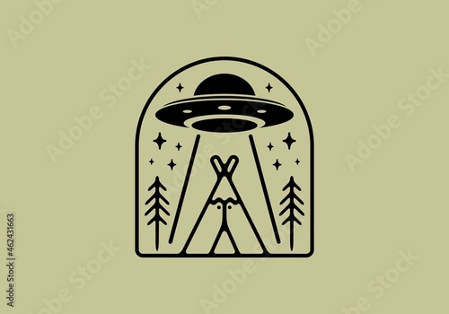 Ufo and camping tent line art illustration