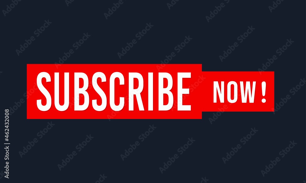 Subscribe icon, button design. Trendy flat style red vector button design for video channel. Template sign for subscribe to channel, blog. White text on red Label illustration on black background