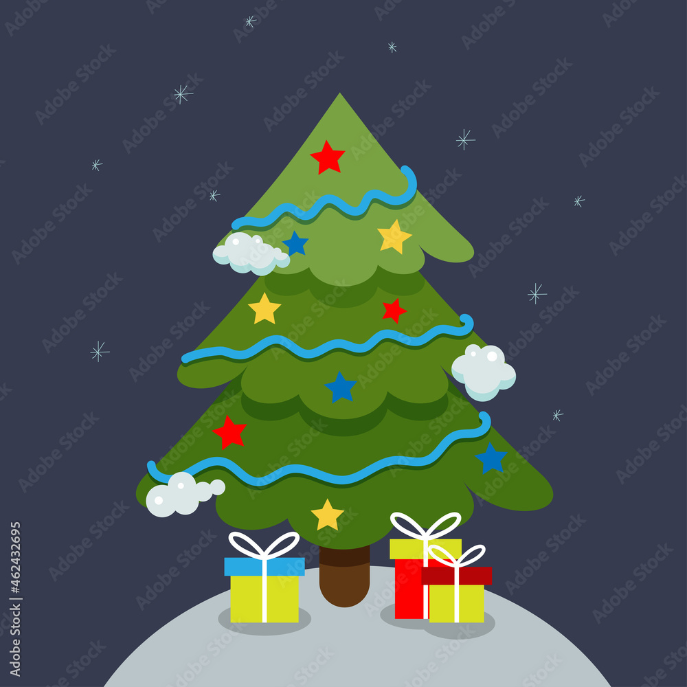 Obraz premium Christmas tree with gifts. Greeting card, festive poster. New year. Vector illustration in flat style.Christmas tree decorated stars.cartoon style.Merry Christmas. Winter holiday