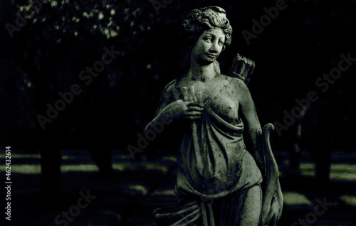 Statue godness Diana in the city park, atutumn landscape, Moscow, Kolomentskoe