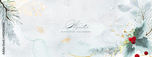 Christmas watercolor natural art background and golden splash