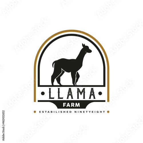 Llama Logo Vintage. With llama, or alpaca icon symbol. Retro, classic, premium, and luxury farm logo design vector