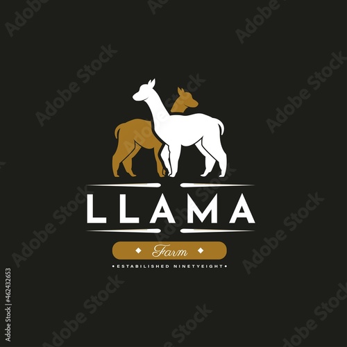 Llama Logo Vintage. With llama, or alpaca icon symbol. Retro, classic, premium, and luxury farm logo design vector