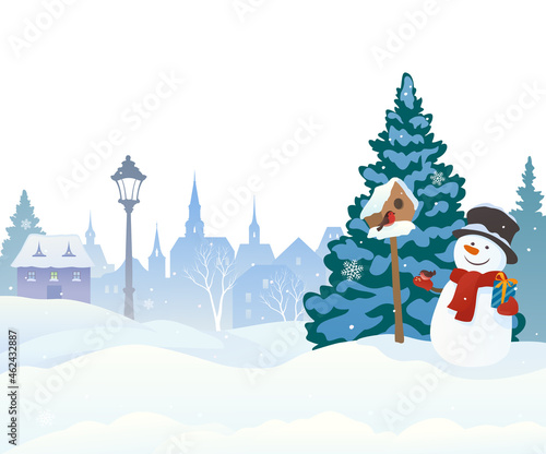 Vector cartoon drawing of winter town and cute snowman feeding birds, isolated on white