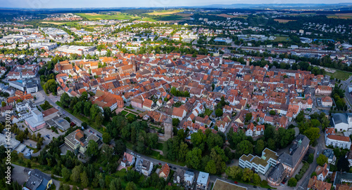 Aerial of the city Villingen-Schweningen in Germany beside the black forest on a sunny day in summer