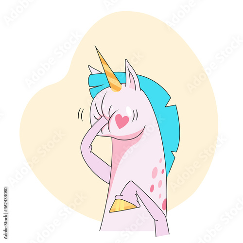 Unicorn cartoon character putting hoof through face sticker. Funny emoticon of ashamed fairy horse with horn flat vector illustration isolated on white background. Fairytale, fantasy, shame concept