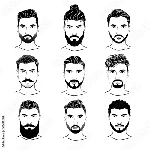 Set of men's different hairstyles and beards on white background. Collection of black silhouettes of hairstyles and beards. Vector illustration.