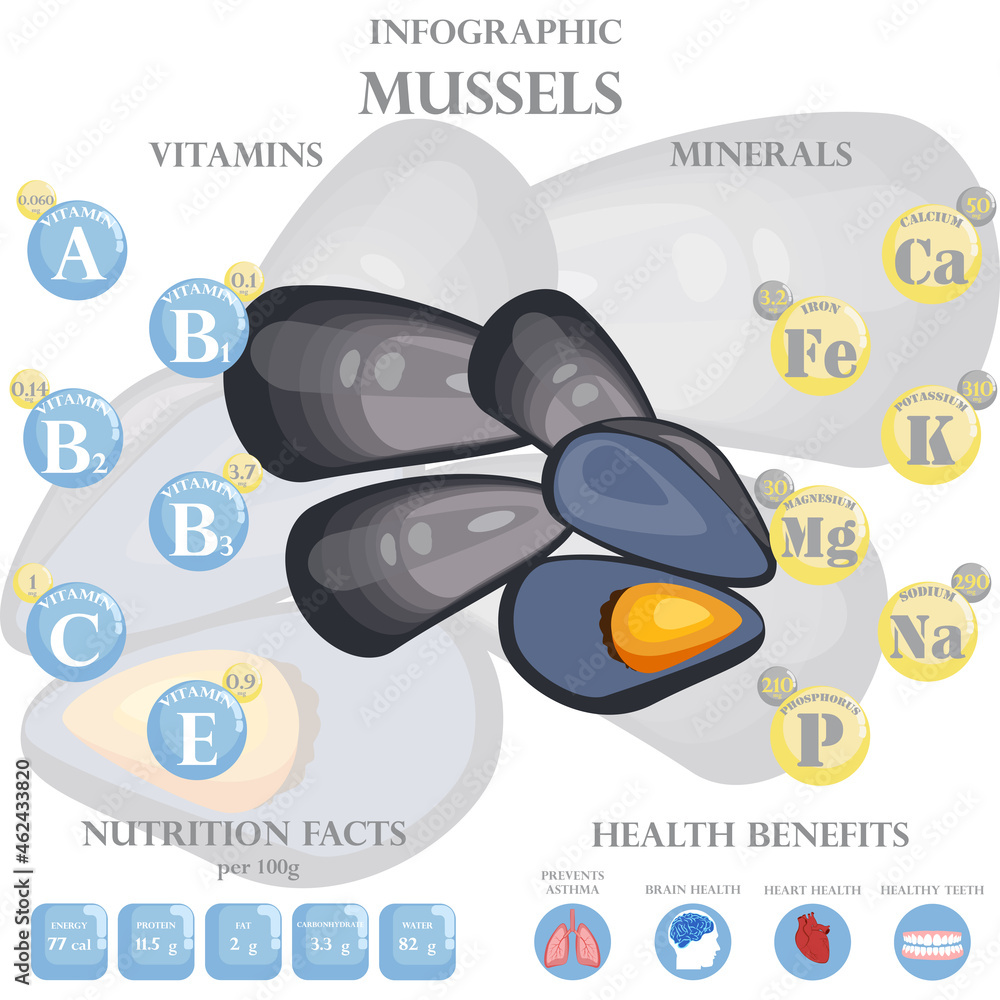Mussels nutrition facts and health benefits infographic Stock Vector