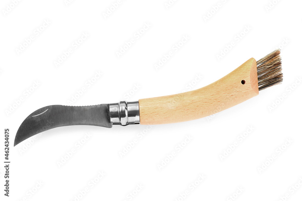 Mushroom knife with brush isolated on white, top view Mushroom knife with brush isolated on white, top view