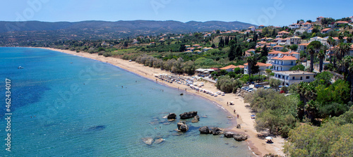 Panoramic view of Zaga beach in Koroni,Peloponnese,Greece . View from the castle. Sunny day with blue sky