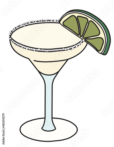 Margarita classic cocktail in specific glass. A tequila based drink garnished with slice of lime and salt rim. Stylish hand-drawn doodle cartoon style vector illustration, good for cards, posters etc.