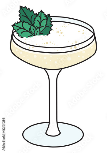 Old Cuban classic New Era cocktail in specific glass. Aged rum and sparkling wine based drink garnished with mint. Stylish doodle cartoon vector illustration. Good for cards, posters, menu decoration