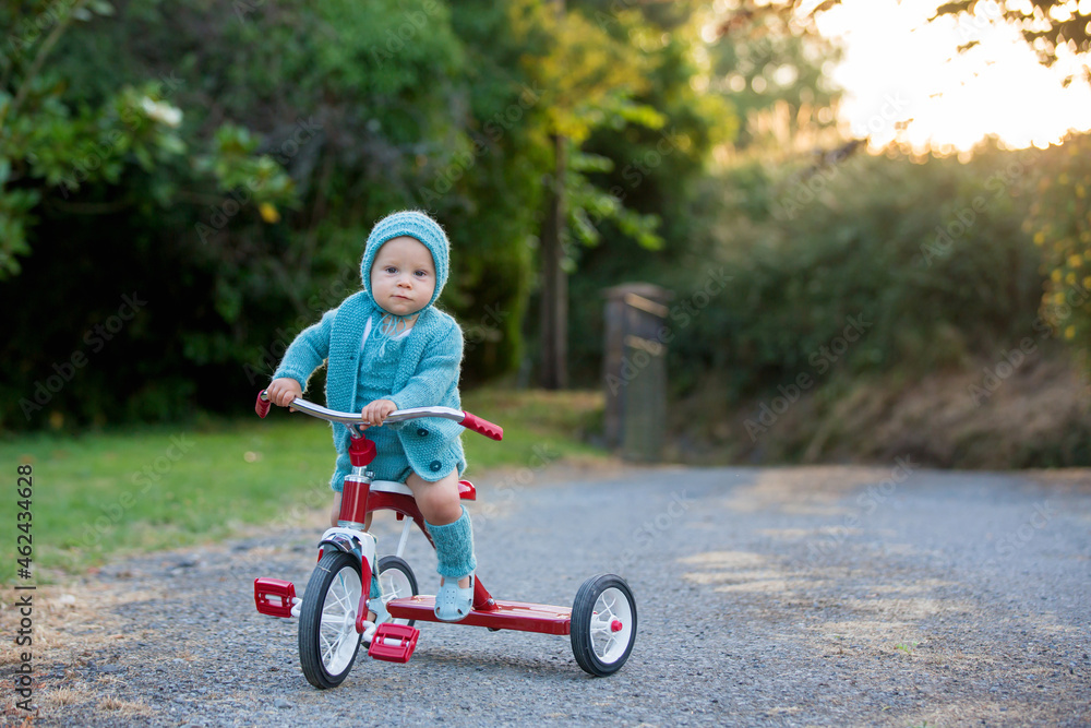 Cute toddler child, boy, playing with tricycle in backyard on sunset Cute toddler child, boy, playing with tricycle in backyard on sunset