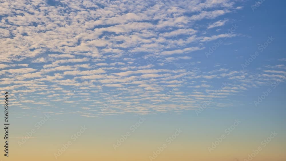 Cirrocumulus clouds in the evening at orange sunset, time-lapse against blue sky Cirrocumulus clouds in the evening at orange sunset, time-lapse against blue sky