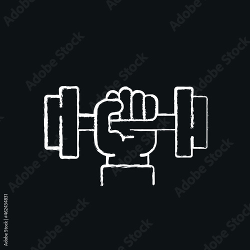Hand with dumbbell chalk icon. Vector isolated black illustration