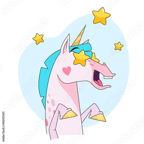 Happy unicorn cartoon character with starry eyes sticker. Cute emoticon of excited fairy horse flat vector illustration isolated on white background. Fairytale, fantasy, joy, happiness concept