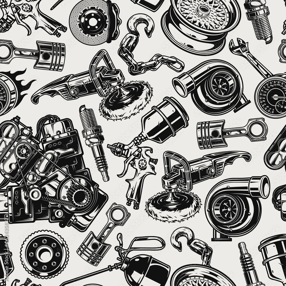 Car parts and repair tools seamless pattern Stock Vector