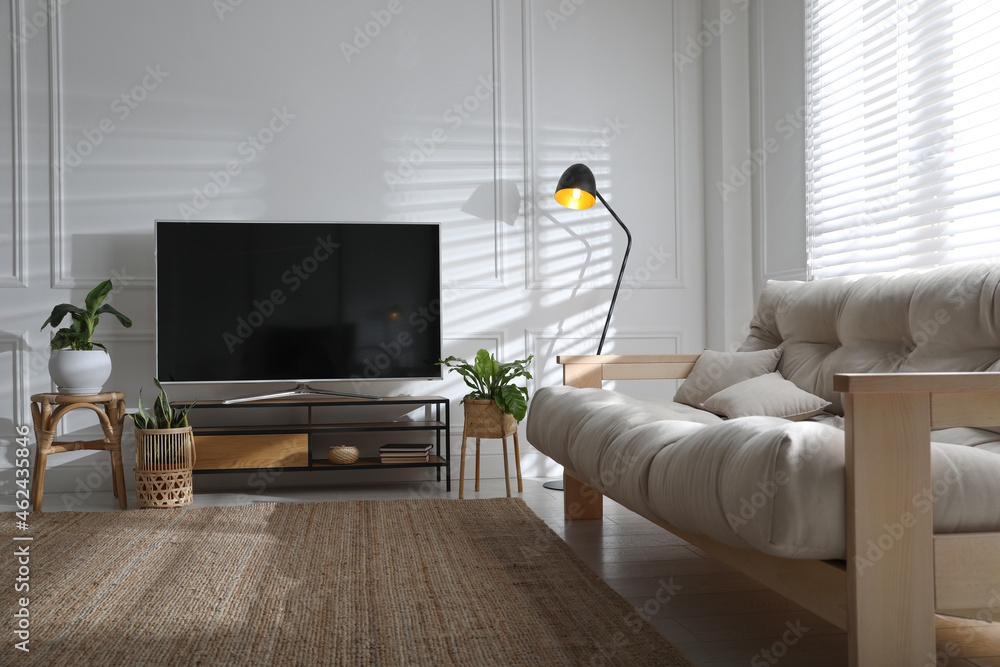 Living room interior with modern TV on stand - obrazy, fototapety, plakaty 