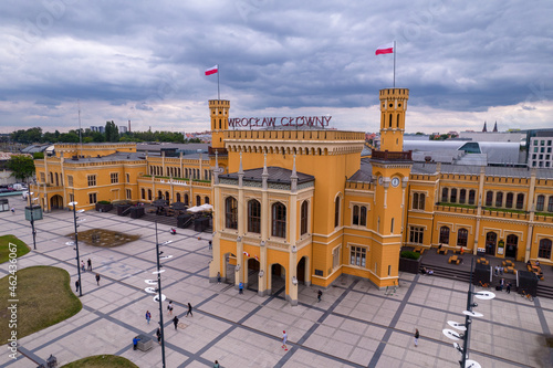 Wrocław, a city in Poland on a sunny and slightly cloudy day. Main Railway Station, Market Square in Wrocław and characteristic places.