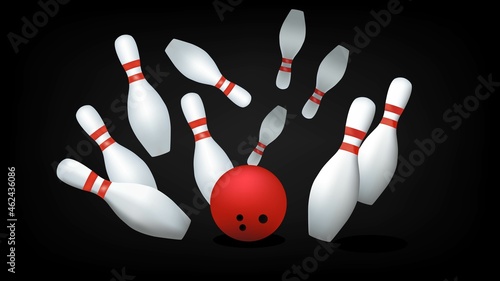 Red bowling ball and skittles isolated on a black background. Vector illustration