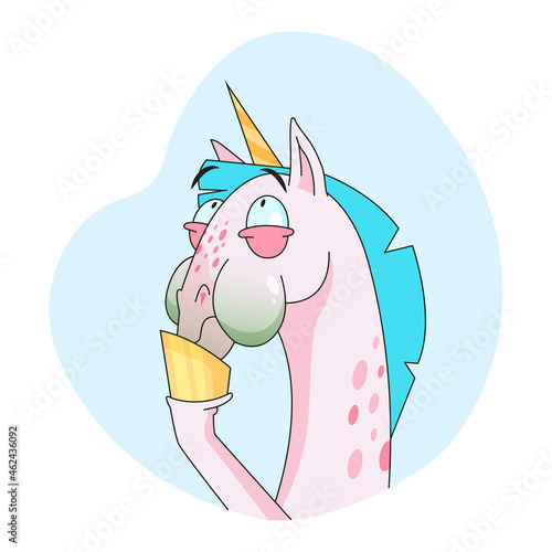 Disgusted unicorn cartoon character sticker. Emoticon of sick fairy horse with nausea, funny magical animal with horn flat vector illustration isolated on white background. Fairytale, disgust concept