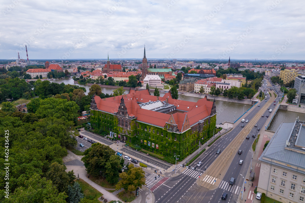 Wrocław, a city in Poland on a sunny and slightly cloudy day. Main Railway Station, Market Square in Wrocław and characteristic places.