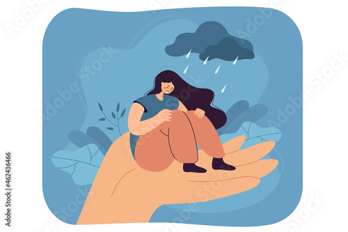 Lonely unhappy woman sitting on hand under rainy cloud of problems. Grief, sorrow, stress cartoon vector illustration. Psychological help, counselors support concept for banner and landing page