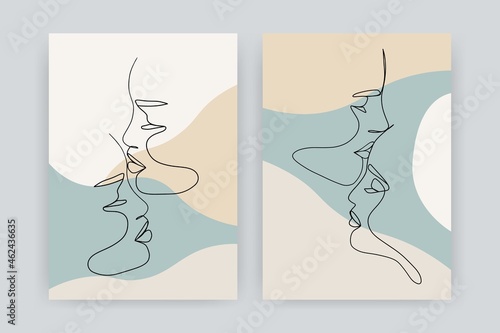 Couple kiss one line posters. Abstract hand drawn woman man faces, outline lovers portrait art. Vector illustration