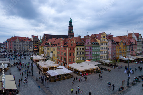 Wrocław, a city in Poland on a sunny and slightly cloudy day. Main Railway Station, Market Square in Wrocław and characteristic places.