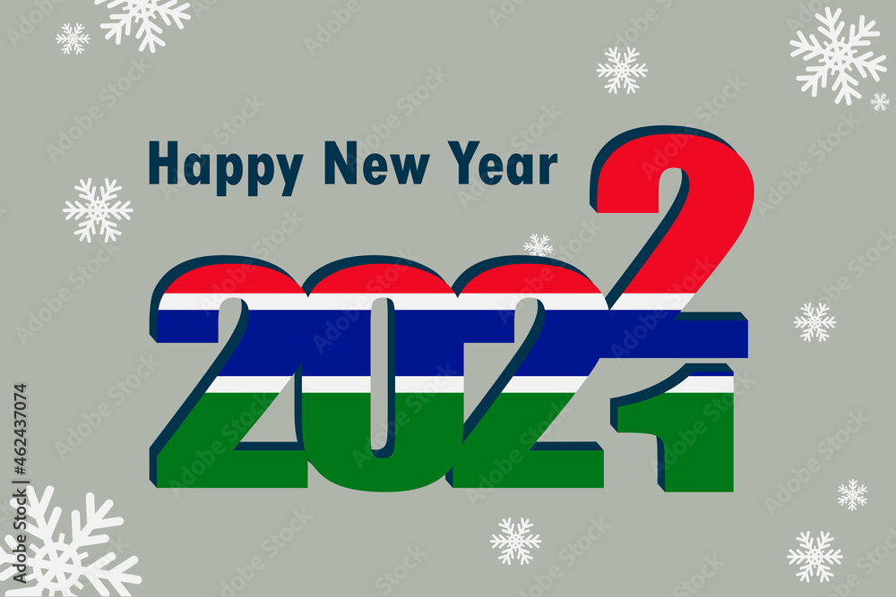 Naklejka premium New Year's card 2022. Pictured: element of the flag of the Gambia festive inscription and snowflakes. it can be used as a promotional poster, postcard, flyer, invitation, or website.