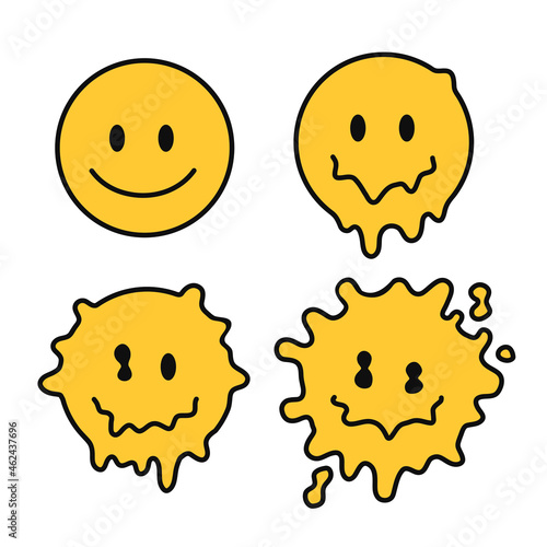 Funny melt smile faces. Vector hand drawn doodle cartoon character illustration. Isolated ob white background. Smile faces melt, acid, trippy print for t-shirt, poster, card concept
