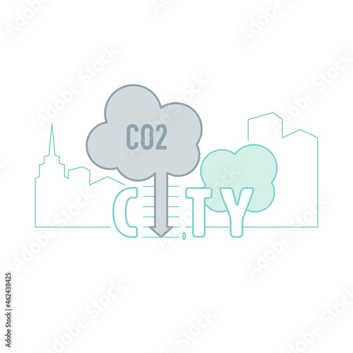 Low CO2 city typographic design. Society where people join to reduce amount of carbon dioxide emissions. Editable stroke. Vector illustration outline flat design style.