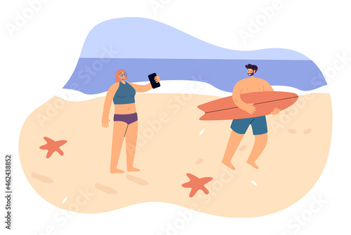 Girl taking photo of surfer with surfboard via mobile phone. Man and woman on summer beach flat vector illustration. Fun vacation summertime concept for banner, website design or landing web page