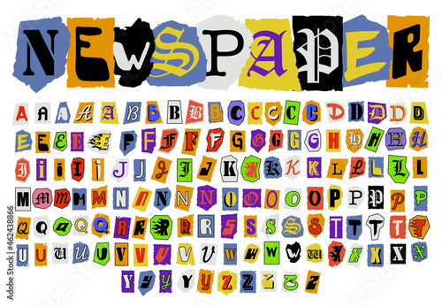 Alphabet collage of colorful cut out newspaper letters. Handmade paper cut font with capital letters, vector set, all elements isolated