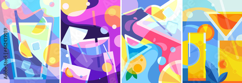 Collection of posters with different cocktails. Placard designs in abstract style.